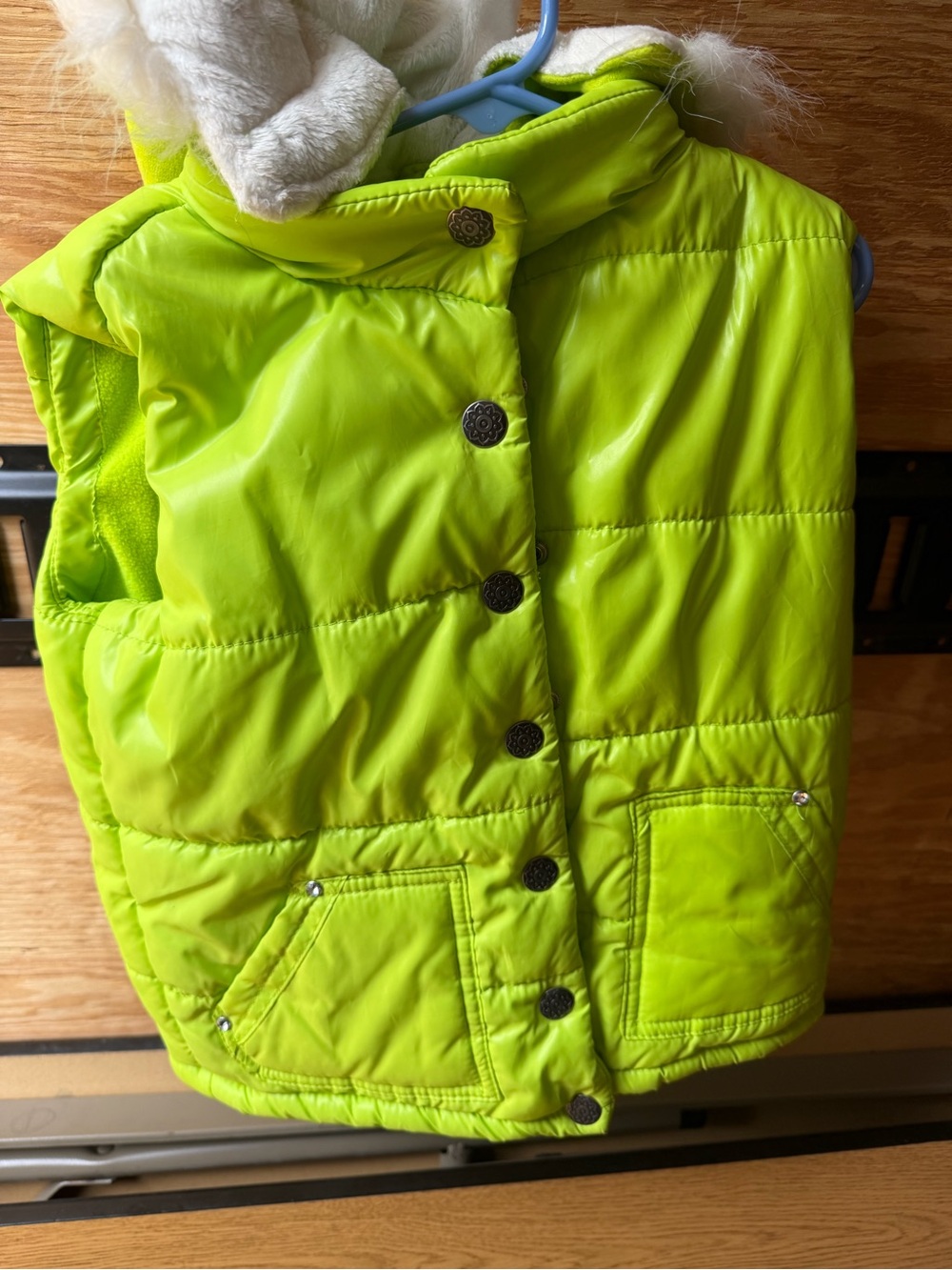 Place Neon Green Puffer Vest with Faux Fur Hood